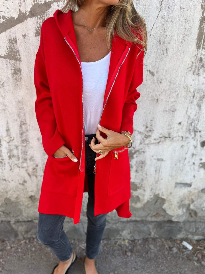 Cardigan Donna Lungo in Maglia con Cappuccio e Zip