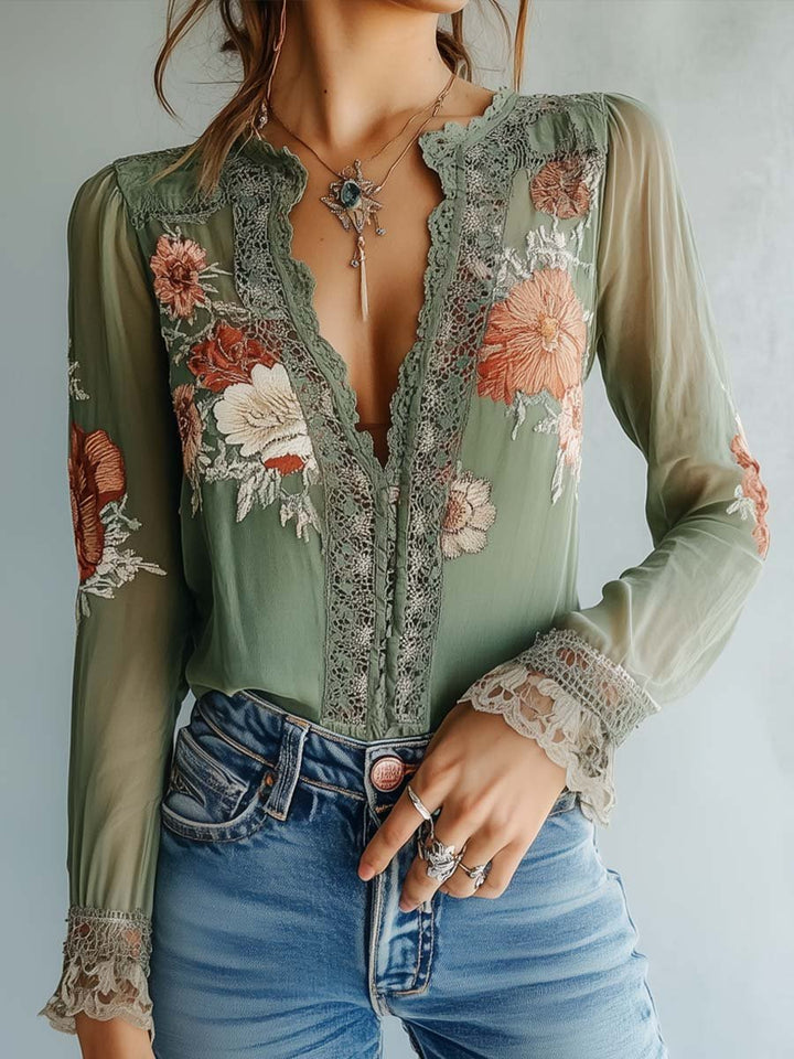 Camicetta Donna in Pizzo Stampa Floreale Scollo Classico - Vesarelli