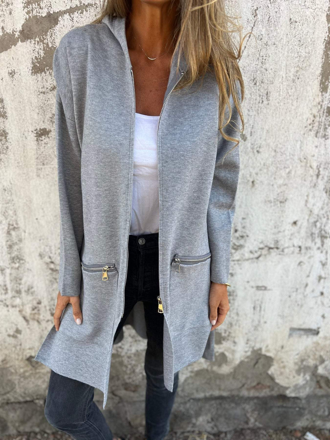 Cardigan Donna Lungo in Maglia con Cappuccio e Zip