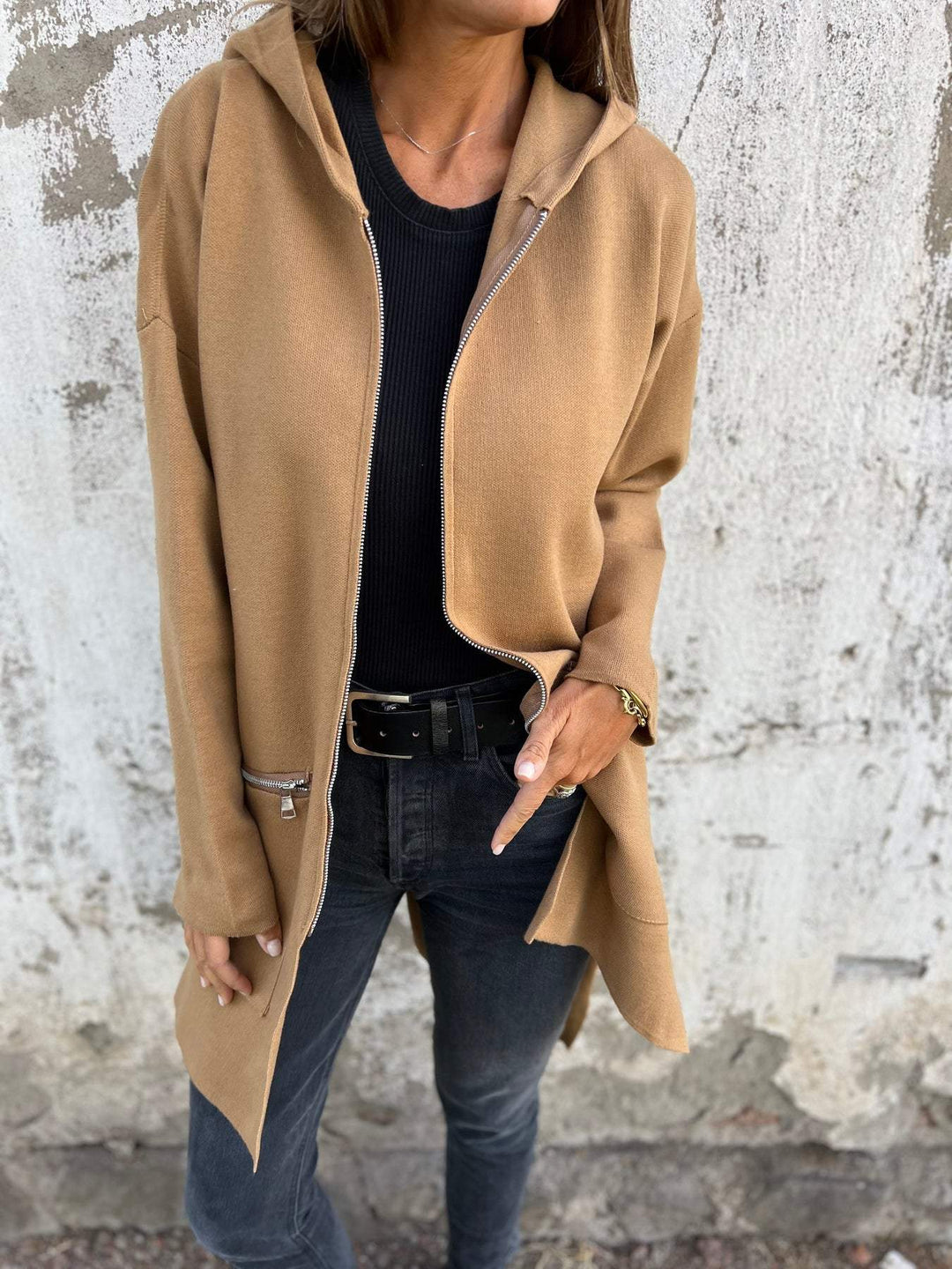 Cardigan Donna Lungo in Maglia con Cappuccio e Zip