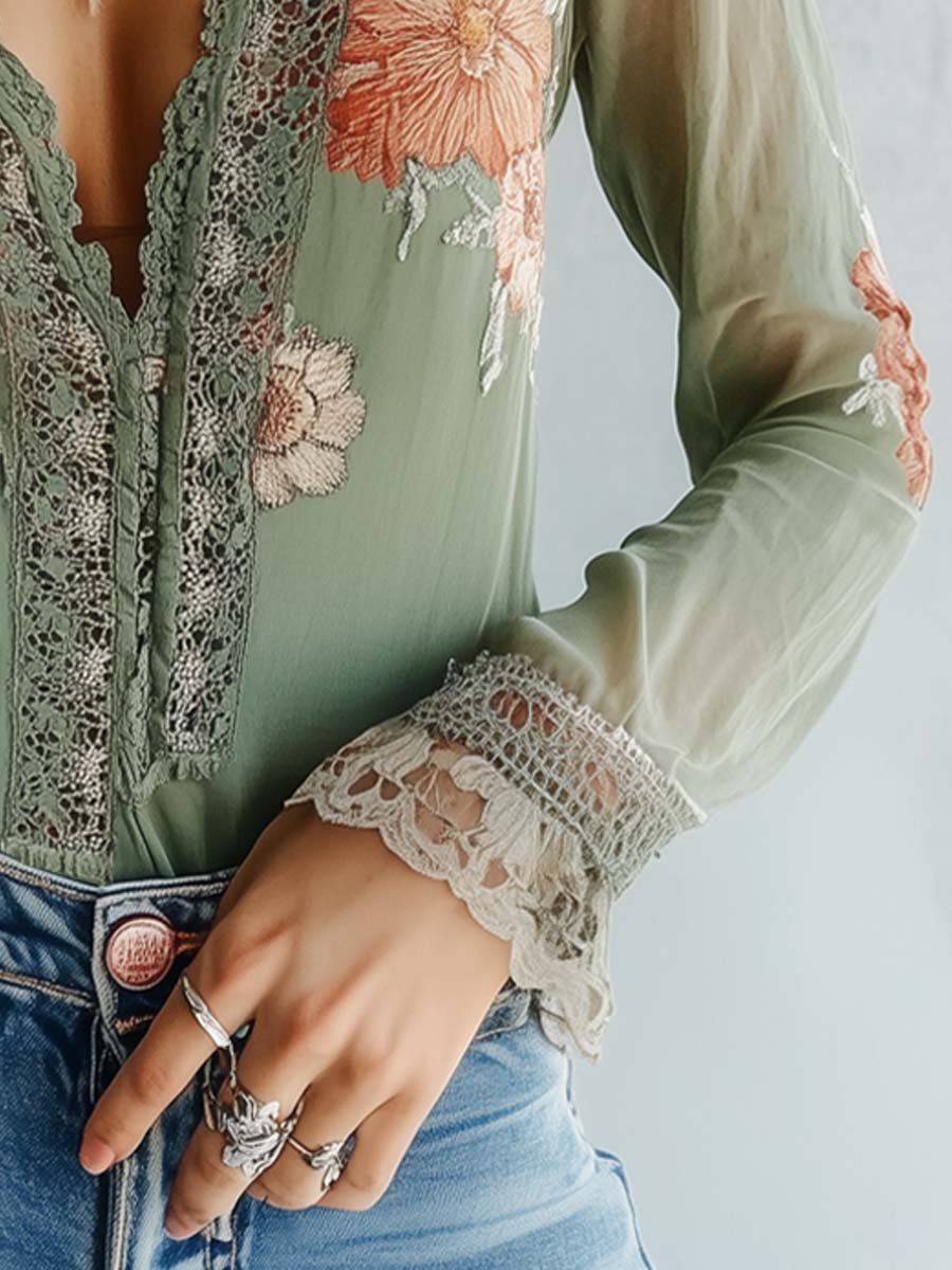 Camicetta Donna in Pizzo Stampa Floreale Scollo Classico - Vesarelli