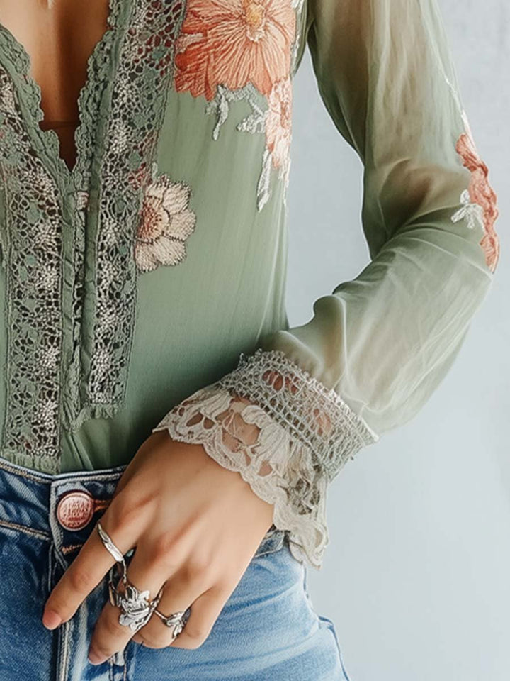 Camicetta Donna in Pizzo Stampa Floreale Scollo Classico - Vesarelli