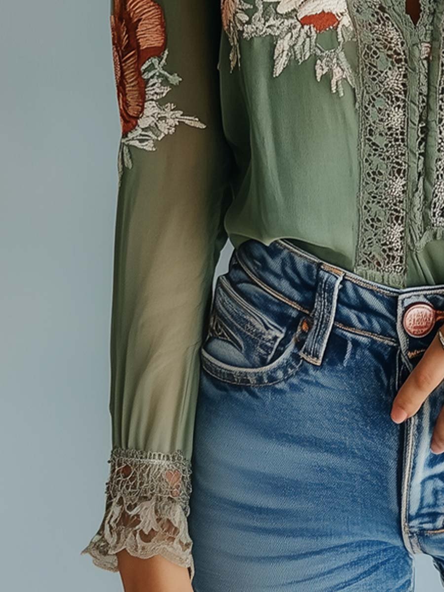 Camicetta Donna in Pizzo Stampa Floreale Scollo Classico - Vesarelli