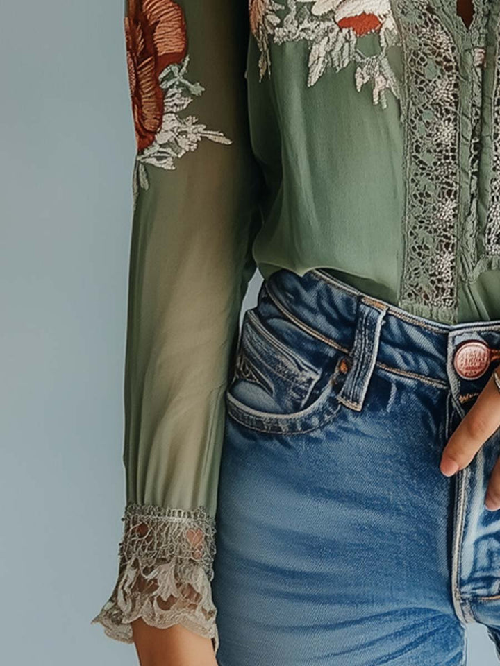 Camicetta Donna in Pizzo Stampa Floreale Scollo Classico - Vesarelli