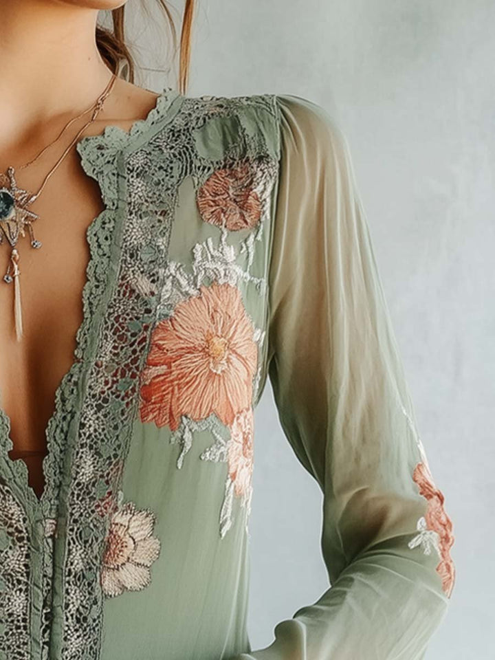 Camicetta Donna in Pizzo Stampa Floreale Scollo Classico - Vesarelli