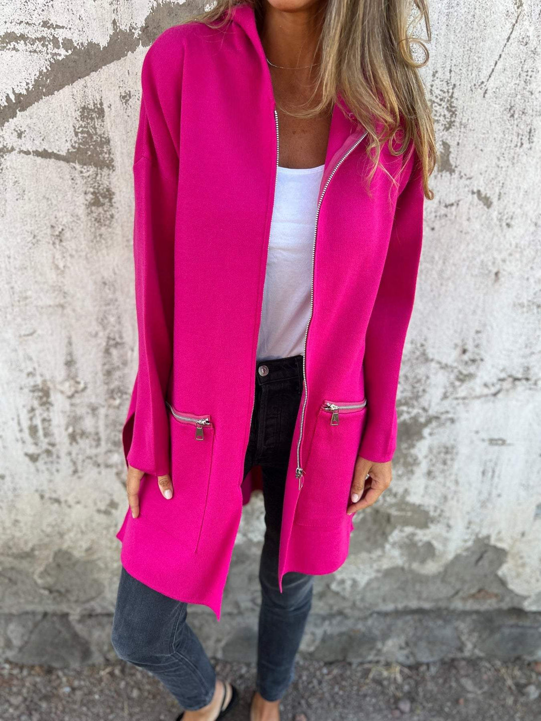 Cardigan Donna Lungo in Maglia con Cappuccio e Zip