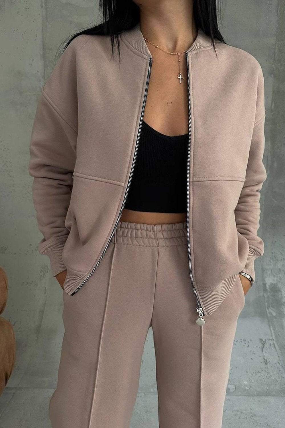 Completo Donna Felpa Oversize con Zip e Pantaloni Jogging Casual
