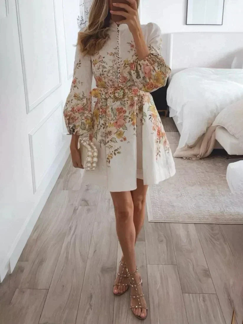 Mini abito Donna in Lino Stampa Floreale Cintura e Bottoni - Vesarelli