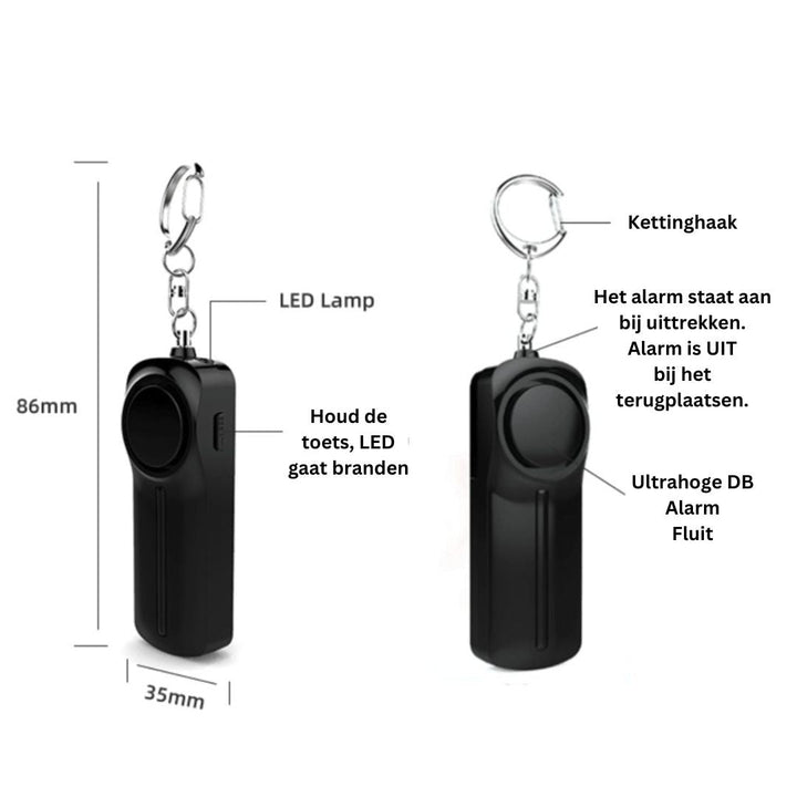 Portachiavi allarme personale nero con sirena ad alta decibel, luce LED, gancio per chiavi, dimensioni 86x35mm, istruzioni in olandese.