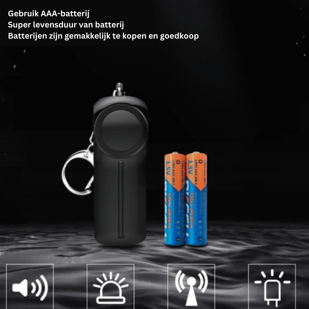 Allarme portachiavi nero con torcia LED, due batterie AAA incluse. Dispositivo di sicurezza personale compatto e conveniente.