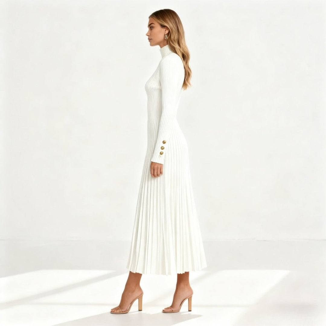 Abito Midi Donna Plissettato Collo Alto