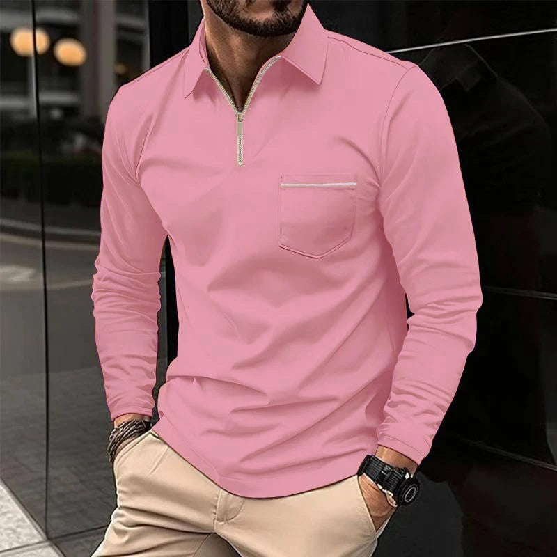 Polo Uomo Maniche Lunghe Cotone Casual con Taschino Sul Petto