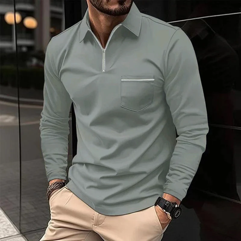 Polo Uomo Maniche Lunghe Cotone Casual con Taschino Sul Petto