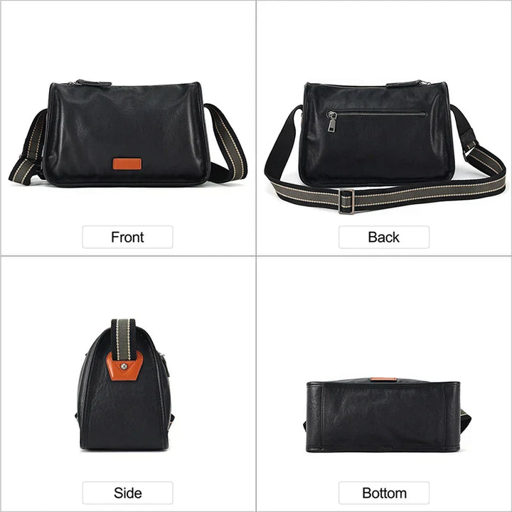 Borsa a tracolla in pelle nera, vista frontale, posteriore, laterale e inferiore. Design elegante, cerniera posteriore, tracolla regolabile.