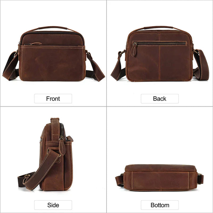Borsa a tracolla in pelle marrone, vista frontale, posteriore, laterale e inferiore. Design elegante, ideale per uomo, moda, accessori, viaggio.