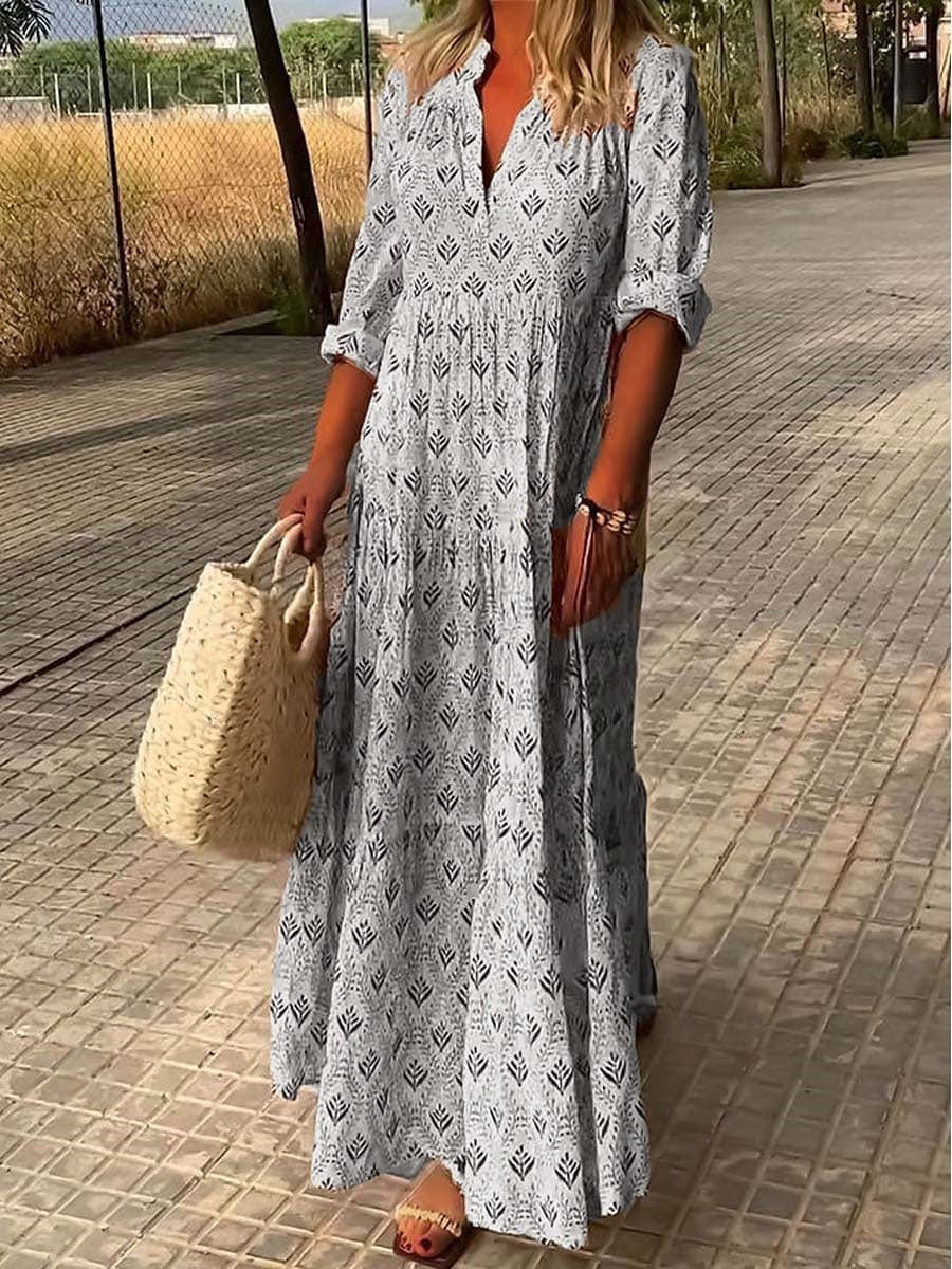Abito lungo Donna in Lino Maniche Risvoltate Stile Boho Chic