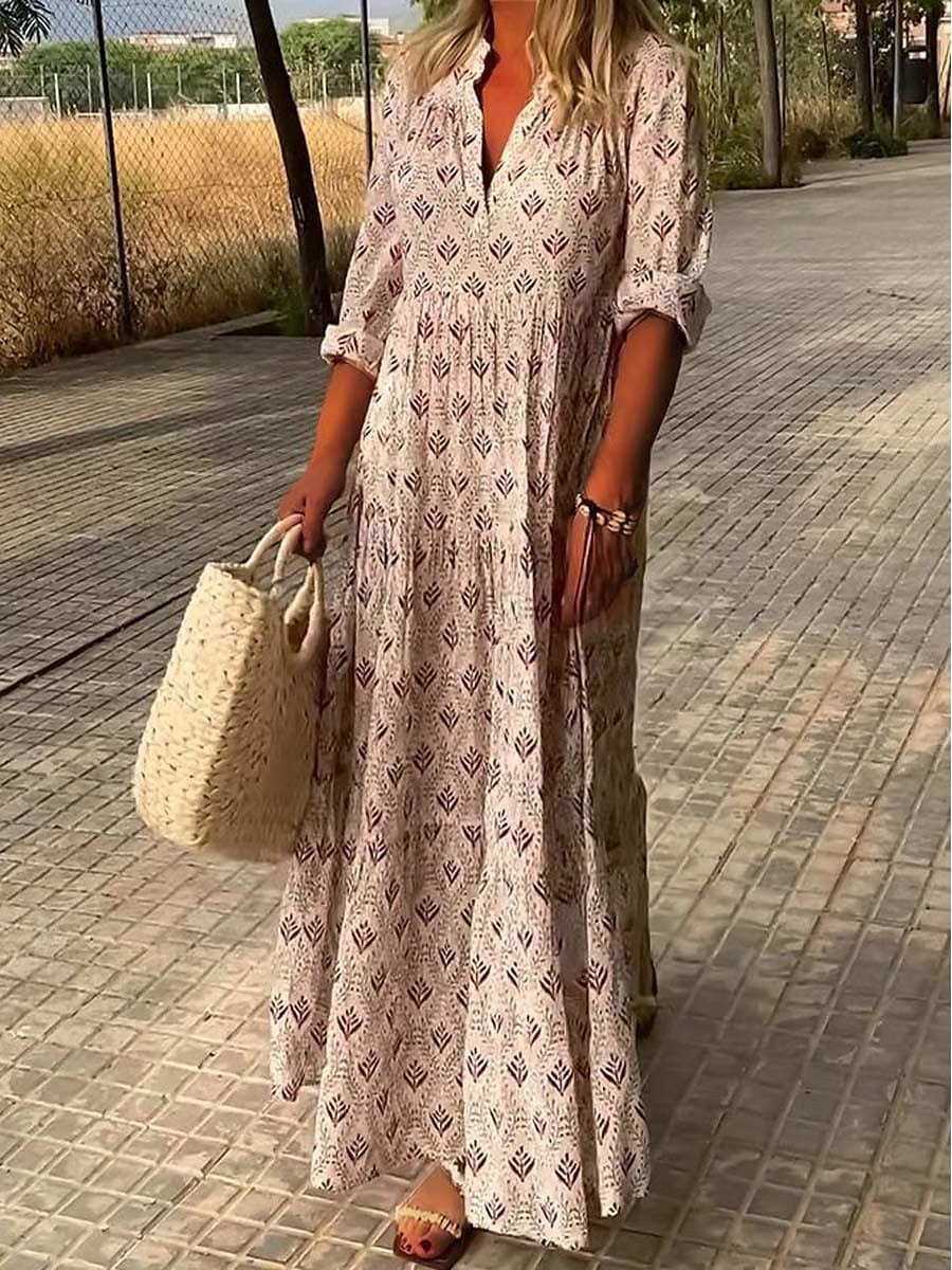 Abito lungo Donna in Lino Maniche Risvoltate Stile Boho Chic - Vesarelli