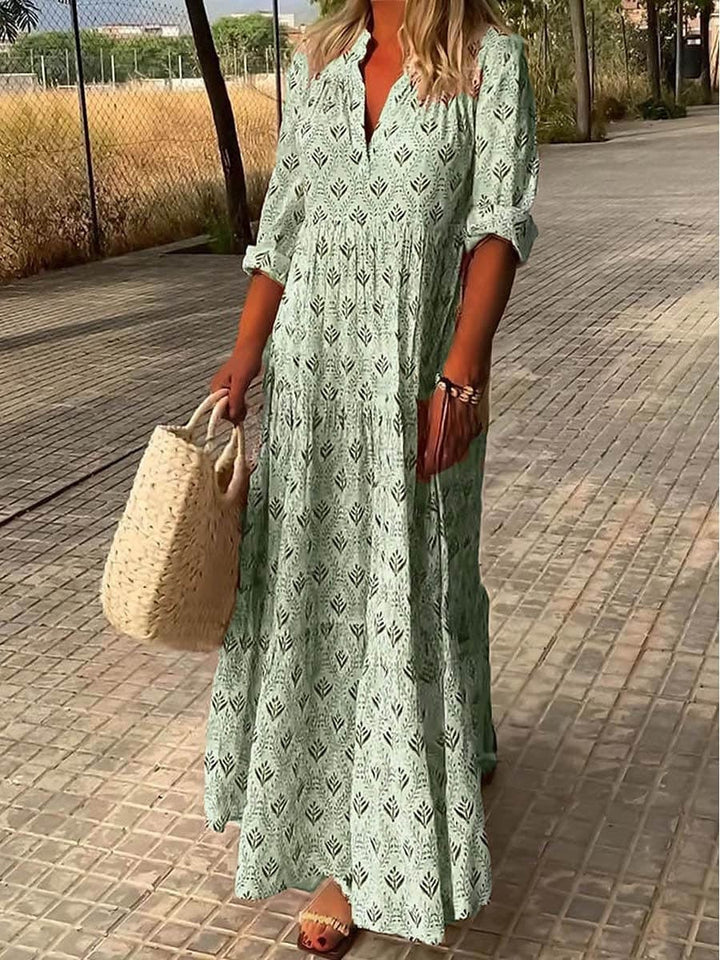 Abito lungo Donna in Lino Maniche Risvoltate Stile Boho Chic
