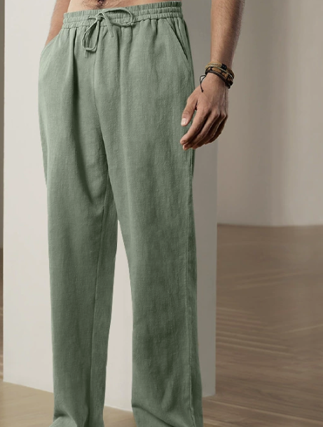 Pantaloni Uomo Misto Cotone Lino Vestibilità Ampia Tasche