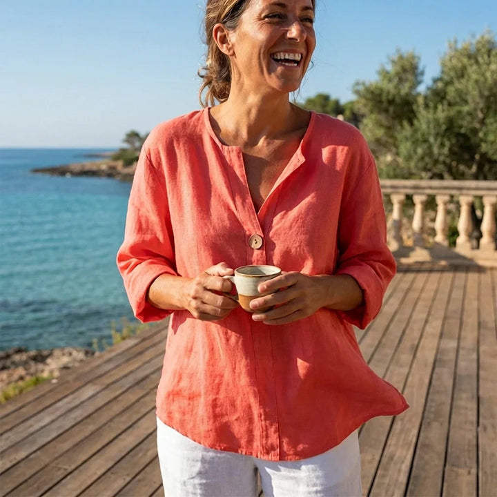 Tunica Donna Misto Lino Scollo a V Vestibilità Comoda