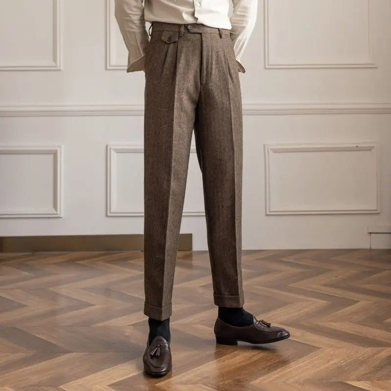 Pantalone Uomo Vita Alta Doppia Piega Gamba Dritta