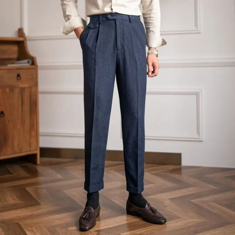 Pantalone Uomo Vita Alta Doppia Piega Gamba Dritta