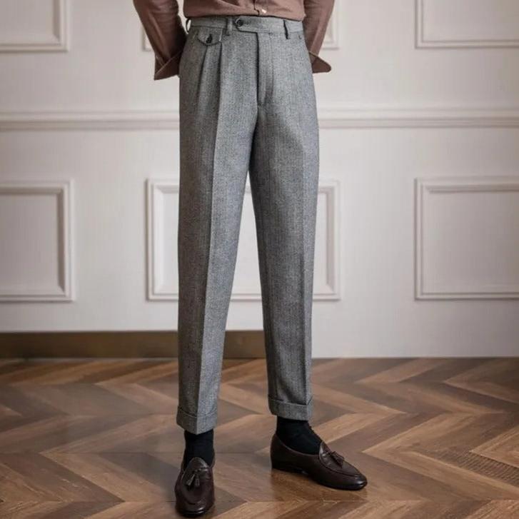 Pantalone Uomo Vita Alta Doppia Piega Gamba Dritta