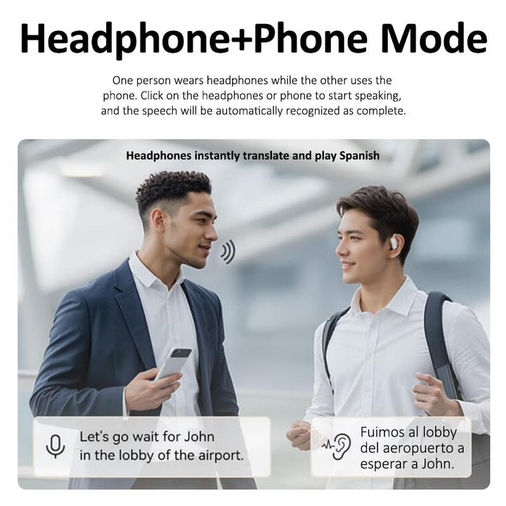 Due persone comunicano con traduzione istantanea tramite cuffie e smartphone in modalità "Headphone+Phone", ideale per viaggi e aeroporti.