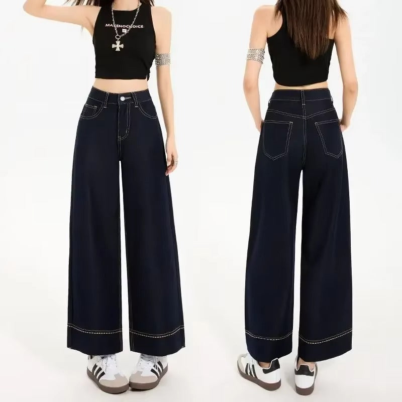 Jeans Uomo Denim Gamba Larga Cuciture a Contrasto