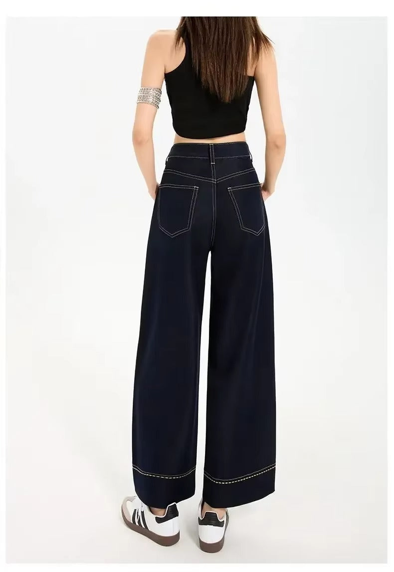 Jeans Uomo Denim Gamba Larga Cuciture a Contrasto