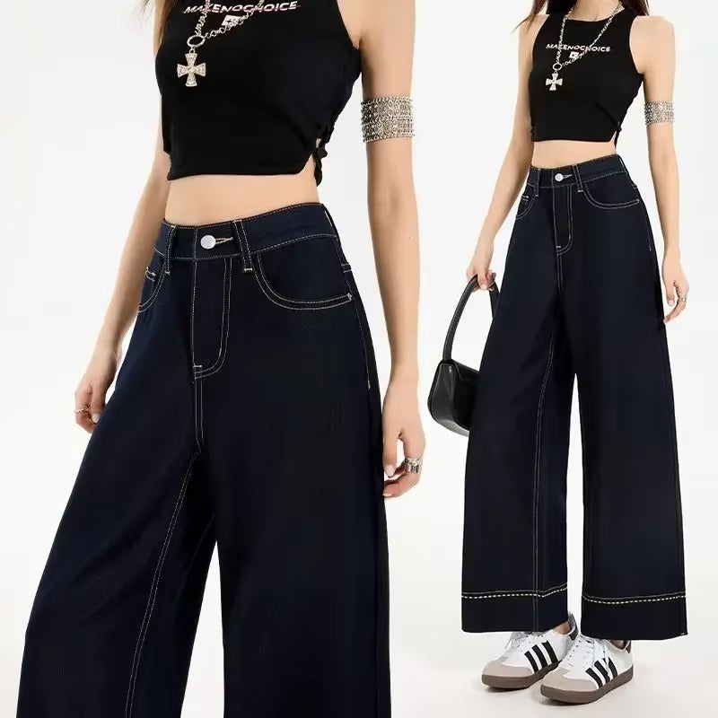 Jeans Uomo Denim Gamba Larga Cuciture a Contrasto