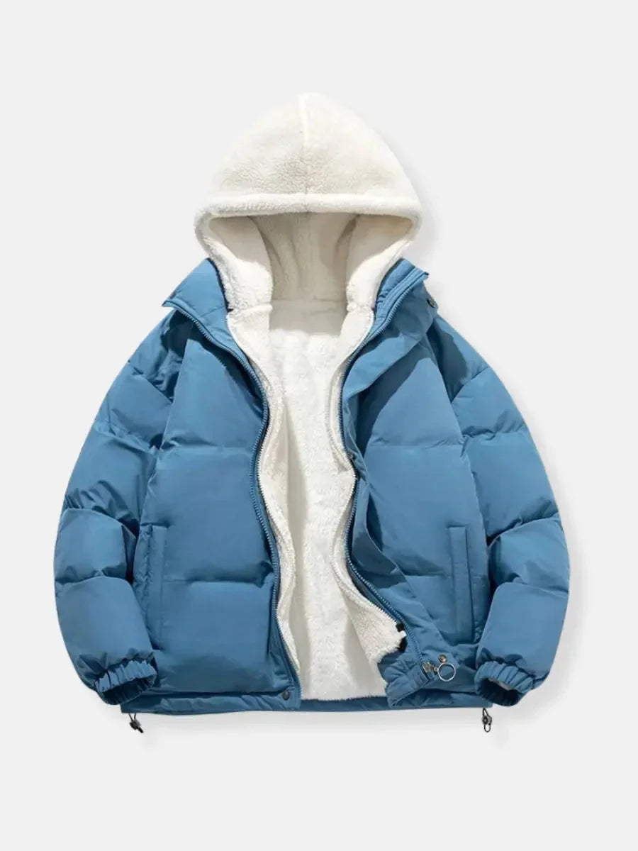 Doudoune d'hiver blanche pour femme avec capuche et doublure en polaire douce.