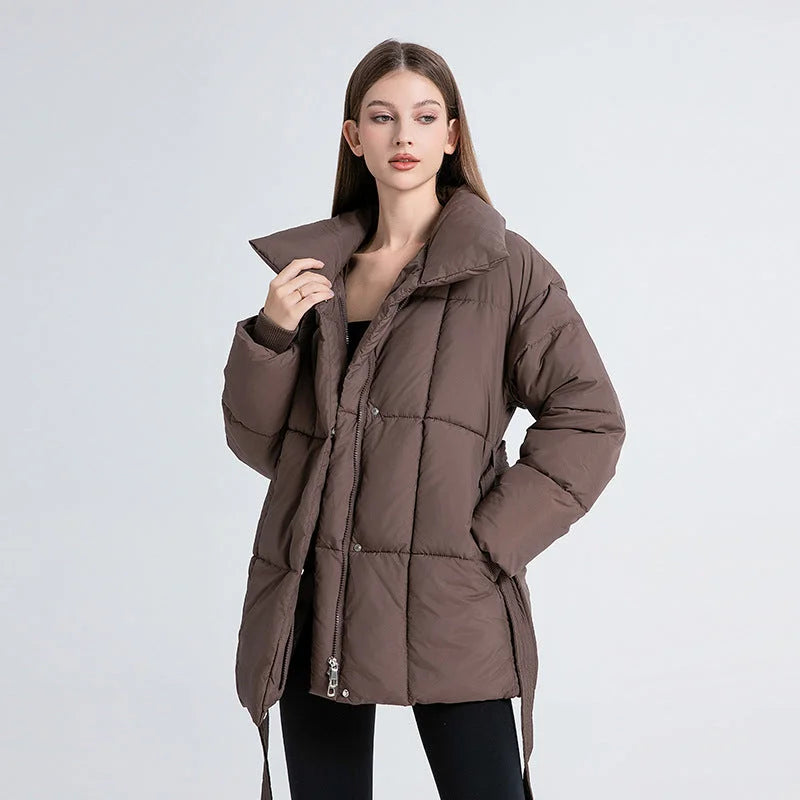 Manteau d’hiver femme marron, ceinture à la taille, col élégant, en mélange de laine chaud.
