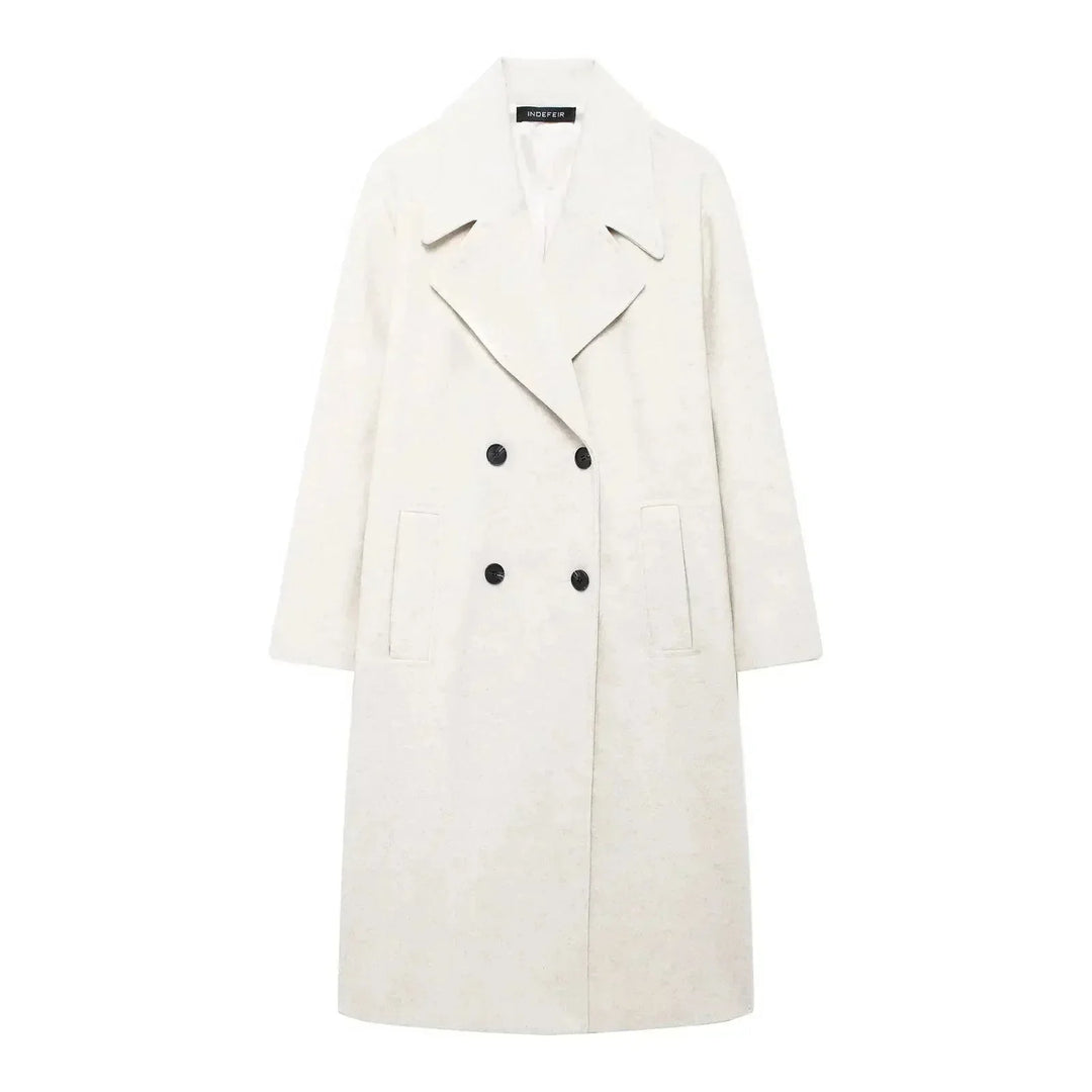 Manteau d'hiver femme beige, coupe oversize, en mélange de laine, avec un large design.
