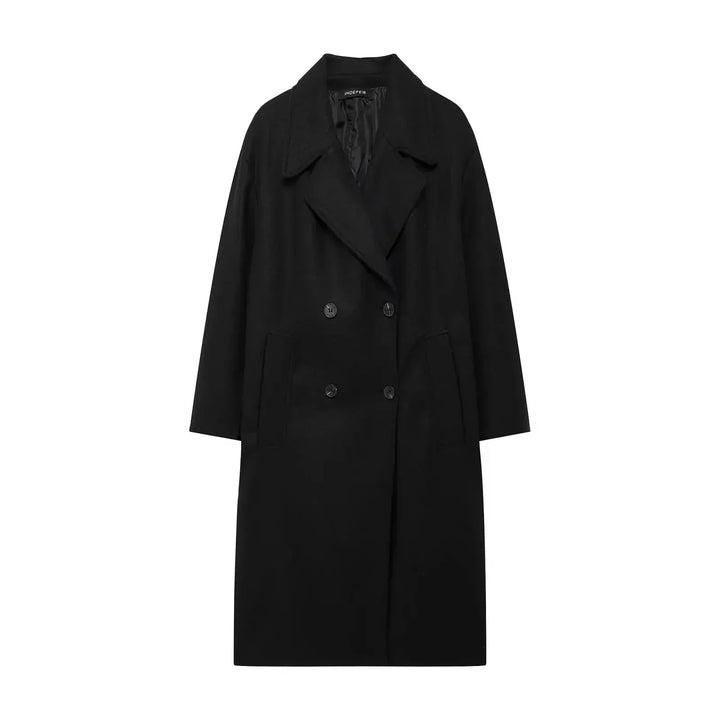 Manteau d'hiver femme beige, coupe oversize, en mélange de laine, avec ouverture frontale et poches pratiques.