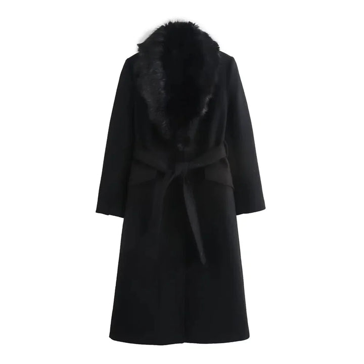 Manteau femme kaki avec col en fausse fourrure et ceinture, en matériau doux et chaud.