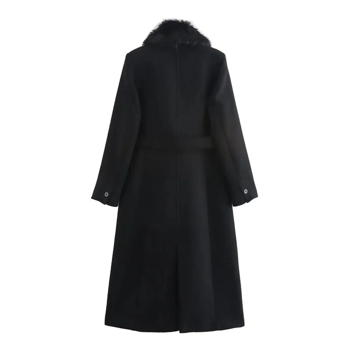 Manteau femme kaki en mélange de laine, col en fausse fourrure et ceinture, coupe élégante pour le quotidien.