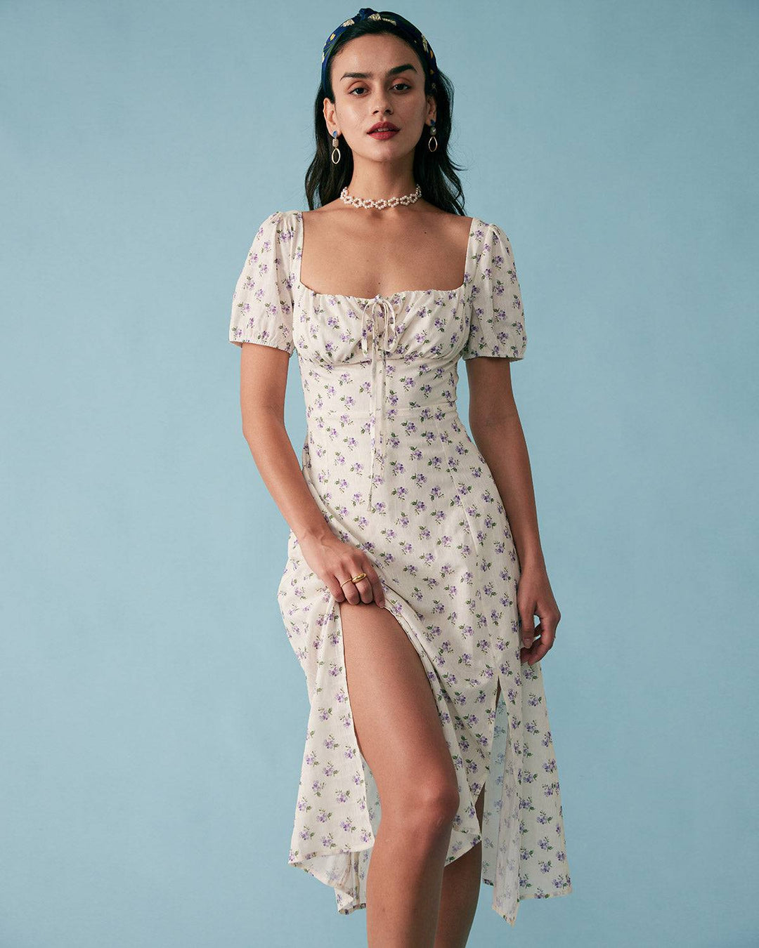 Abito Midi Donna in Tessuto Floreale Scollo Quadrato Arricciato