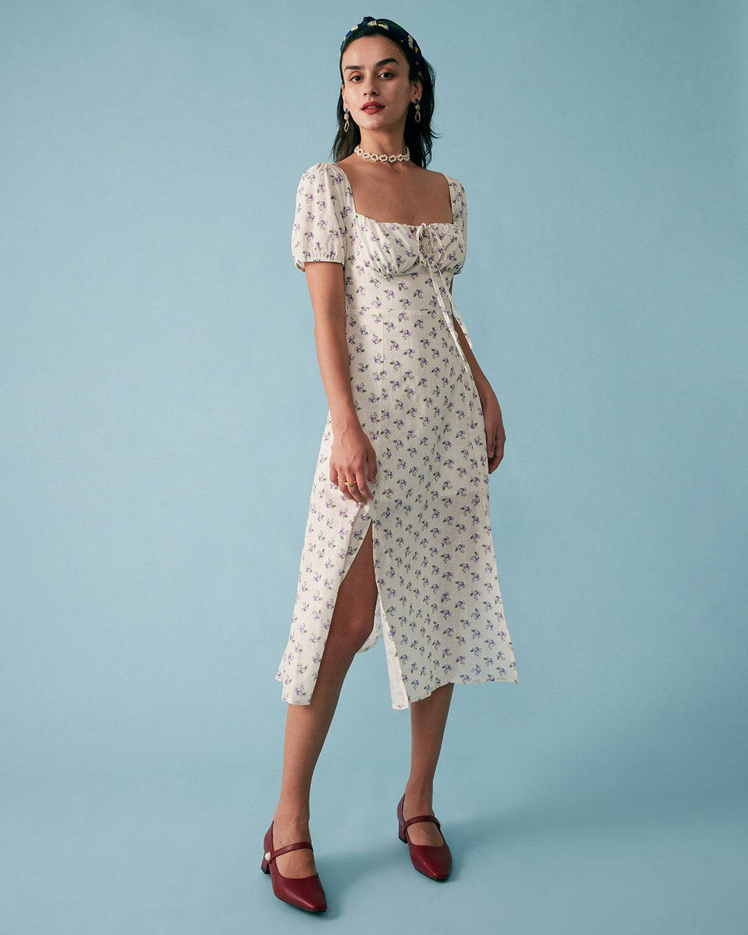 Abito Midi Donna in Tessuto Floreale Scollo Quadrato Arricciato