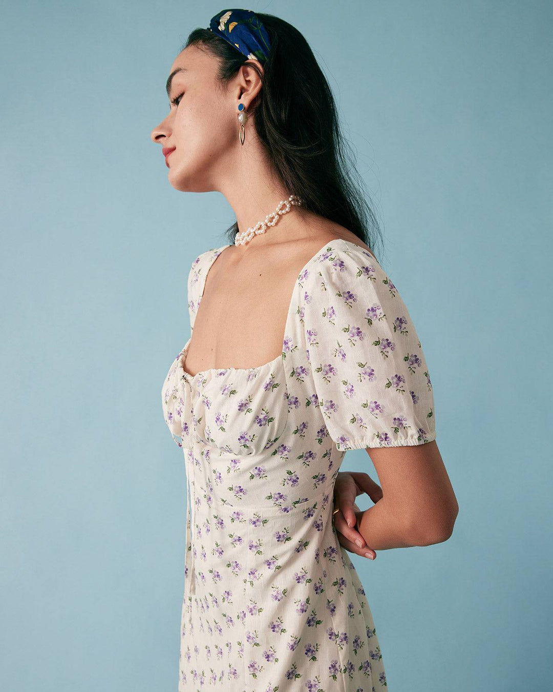 Abito Midi Donna in Tessuto Floreale Scollo Quadrato Arricciato