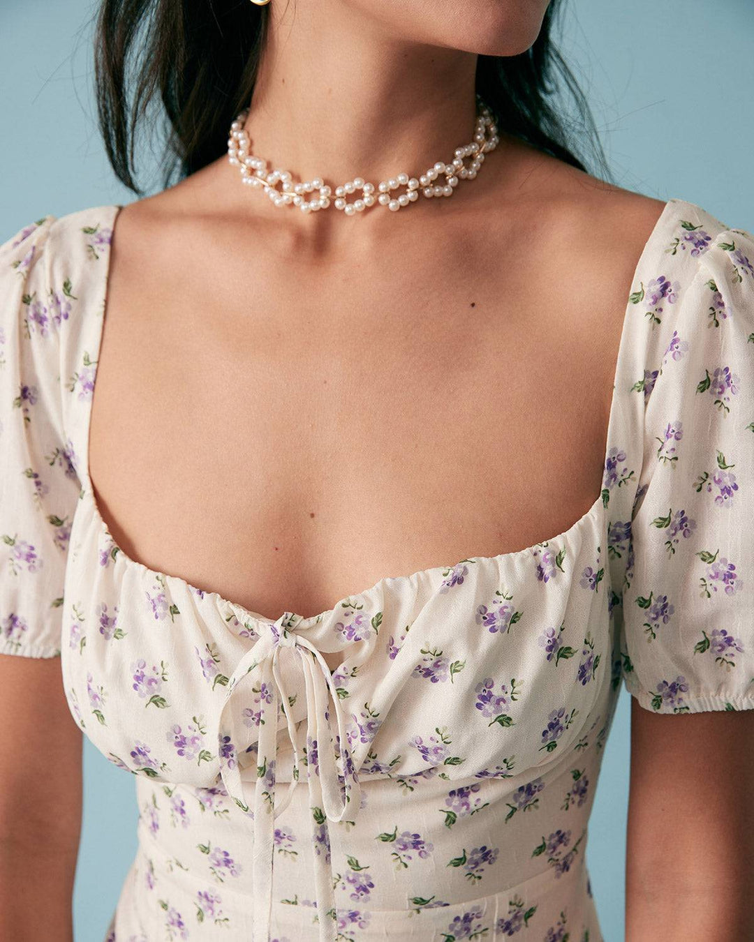 Abito Midi Donna in Tessuto Floreale Scollo Quadrato Arricciato