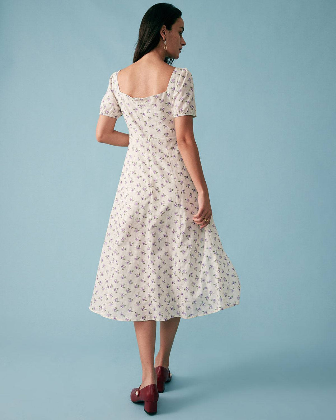 Abito Midi Donna in Tessuto Floreale Scollo Quadrato Arricciato