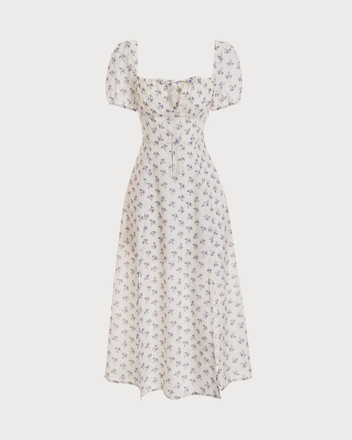 Abito Midi Donna in Tessuto Floreale Scollo Quadrato Arricciato