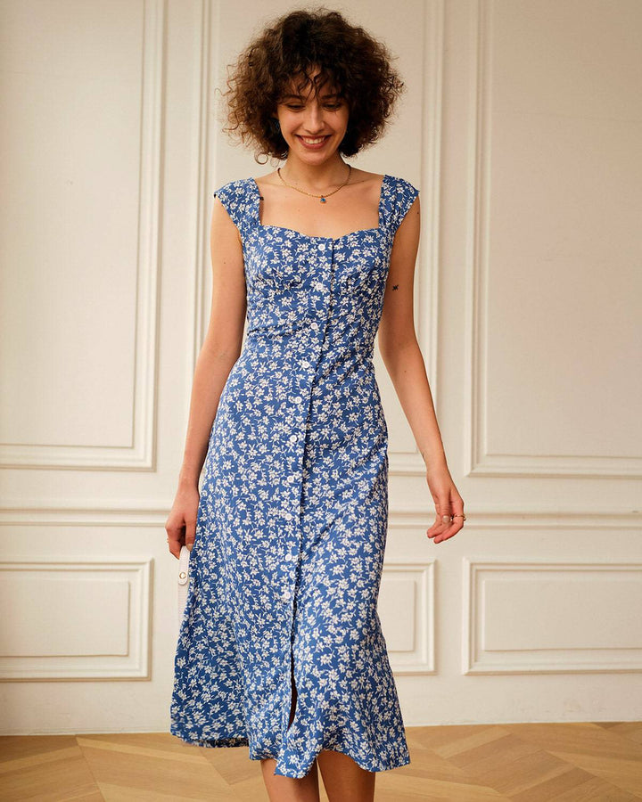 Abito Midi Donna Tessuto Floreale Scollo a Cuore