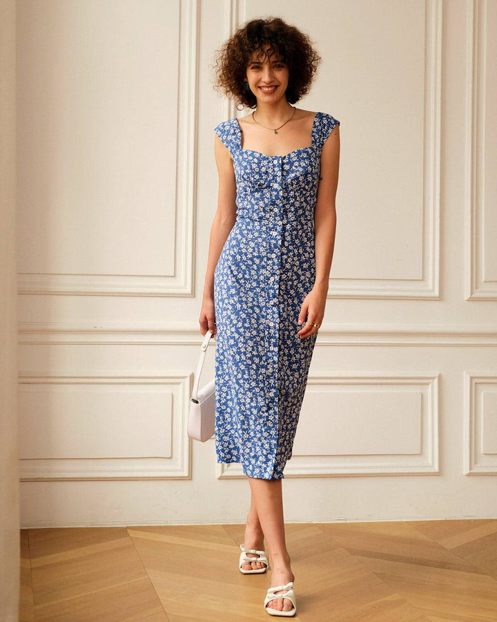 Abito Midi Donna Tessuto Floreale Scollo a Cuore