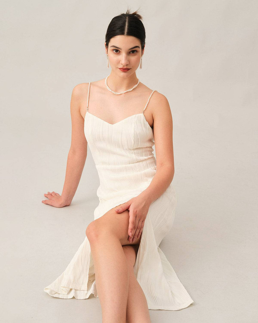 Abito Midi Donna con Spalline in Perle Testurizzate