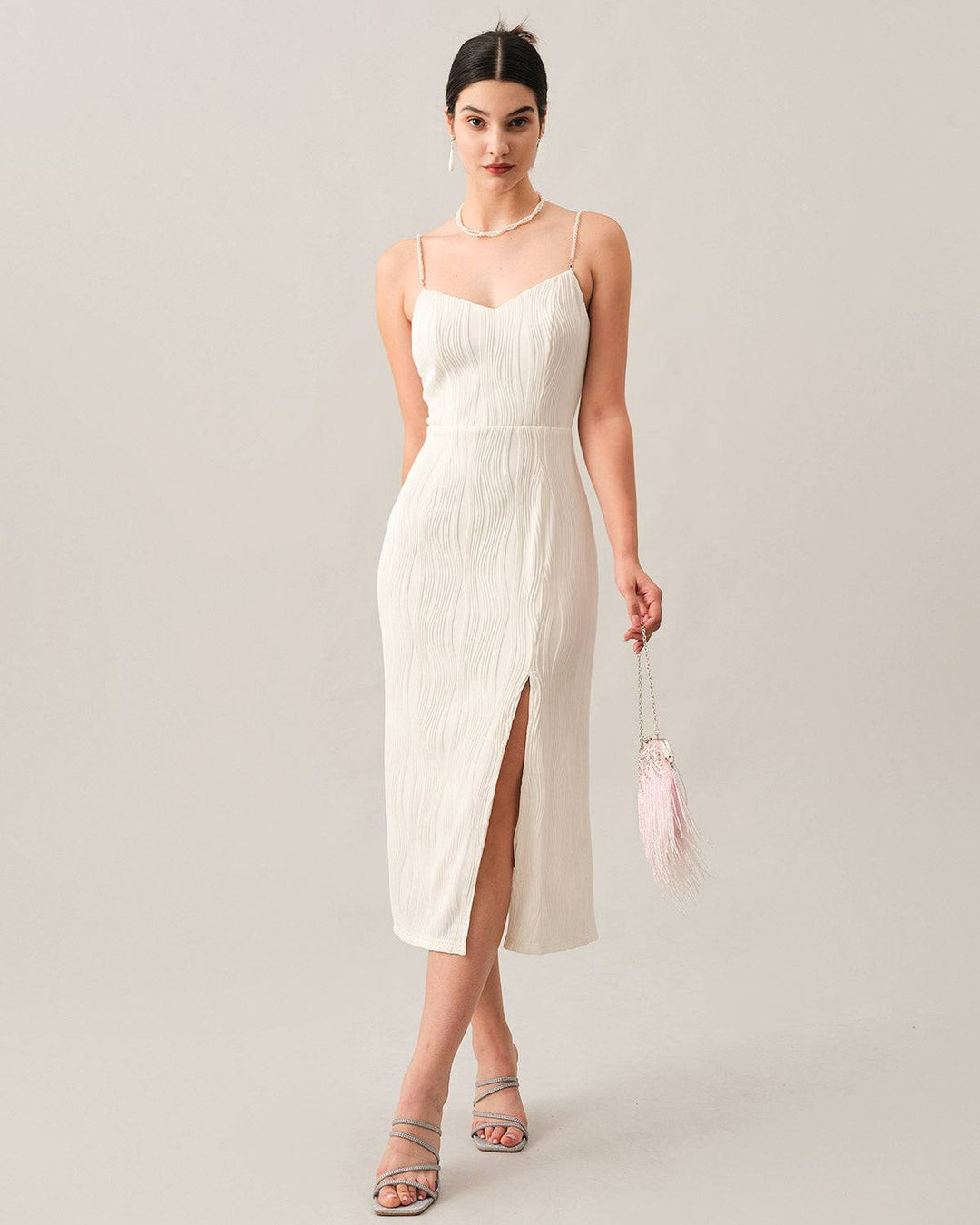 Abito Midi Donna con Spalline in Perle Testurizzate
