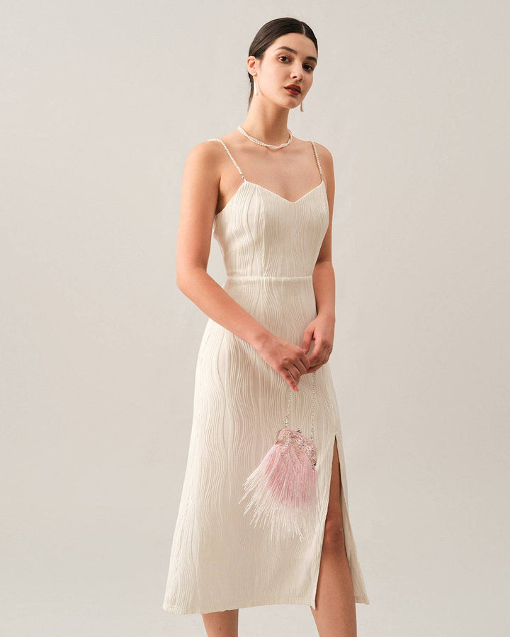 Abito Midi Donna con Spalline in Perle Testurizzate