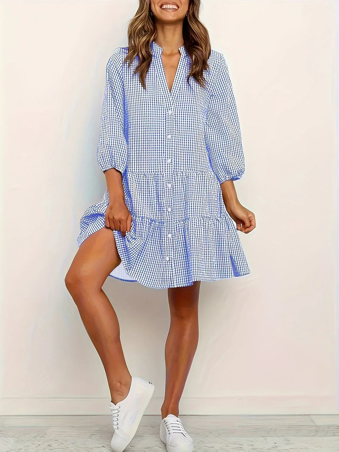 Mini robe à rayures en coton doux, avec boutons sur le devant et col, manches 3/4, parfaite pour le printemps et l'été.