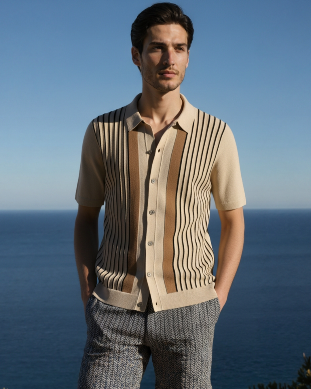 Polo Uomo in Maglia Knit a Righe Stile Raffinato